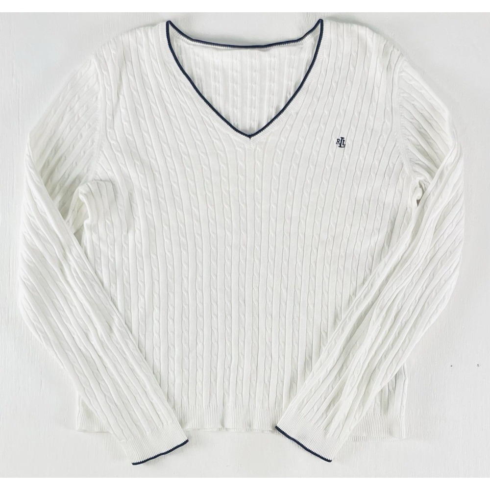 polo lauren‎ ralph lauren white Pullover Cable Knit Lite Sweater Women's Logo